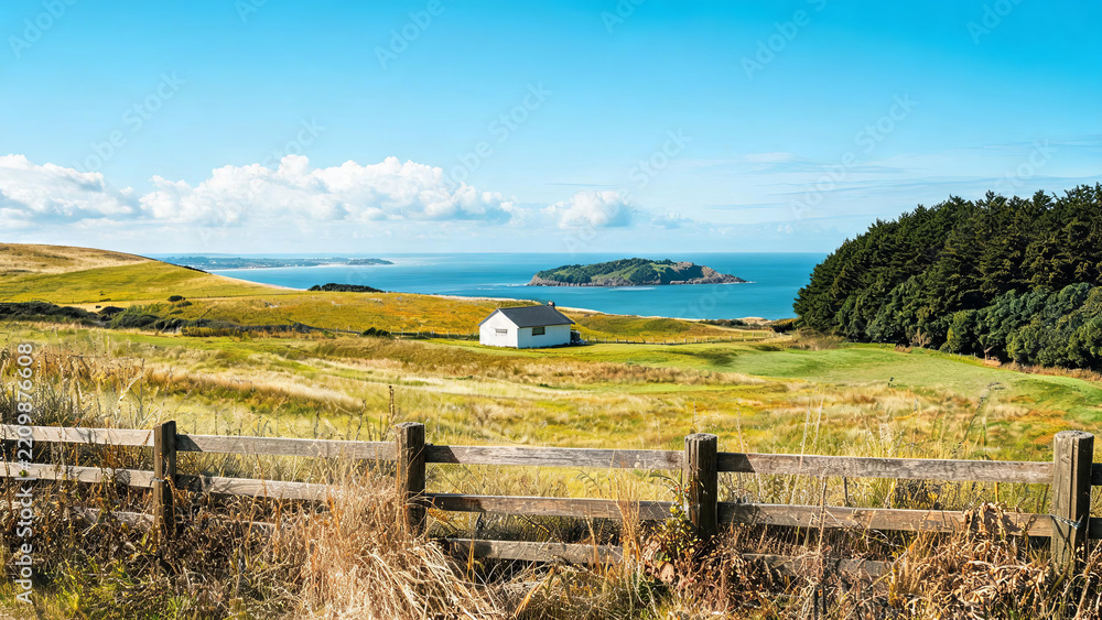 Naklejka premium A sunny coastal landscape featuring a small white house, rolling grasslands, a dense forest, and a calm blue sea with a small island under a clear sky.