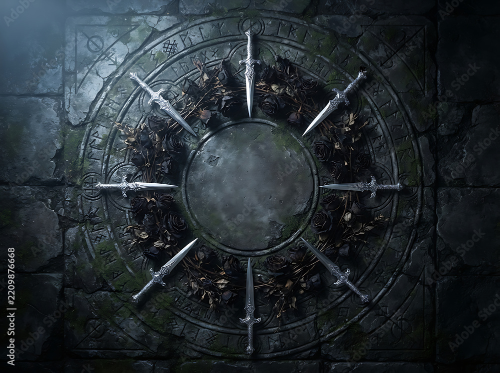 Obraz premium Mysterious Circular Arrangement of Ancient Swords on a Dark Mossy Stone Wall