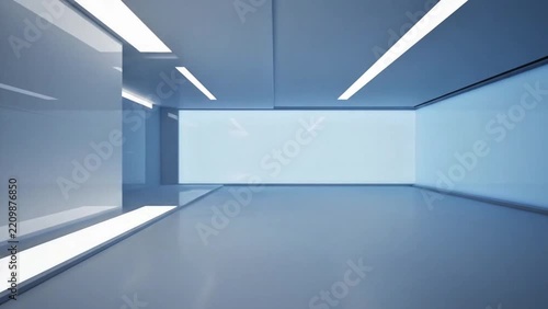 Modern minimalist empty office interior with bright white walls and sleek lighting.