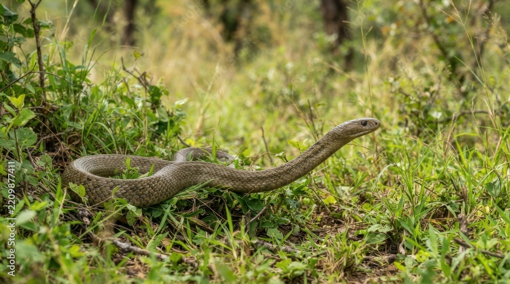 Obraz premium A wild brown snake slithering through the lush green grass of the African savanna landscape