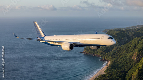 Commercial Airplane Flying Over Ocean and Tropical Coastline