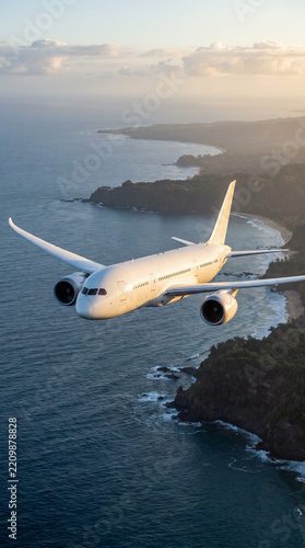 Passenger Jet Flying Over Tropical Shoreline and Blue Sea