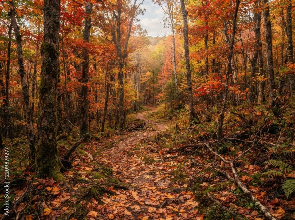 Fototapeta premium A winding dirt path through a vibrant autumn forest with colorful orange and red maple foliage