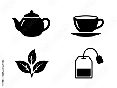 Set of black vector icons featuring tea theme elements including a teapot, teacup, tea leaves, and a tea bag for graphic design