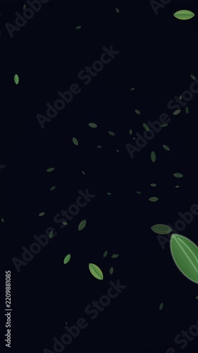 Floating green leaves flying against dark background loop animation