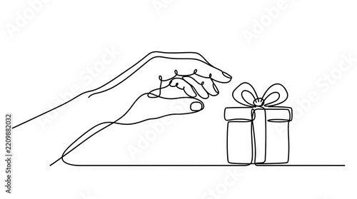 Continuous line drawing of hand reaching for gift box.