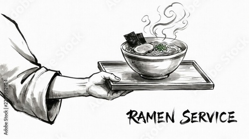 Hand drawn illustration of waiter serving hot ramen bowl.