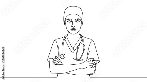 Nurse with arms crossed in continuous line drawing style illustration.