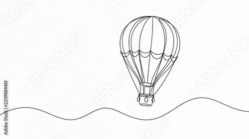 One line drawing of a hot air balloon flying.