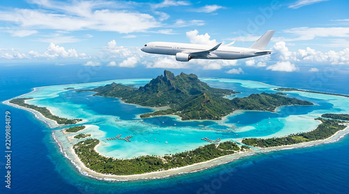 A white passenger airplane flying over a tropical island with blue lagoon with island surrounded bright airplane flies above lush green tropical