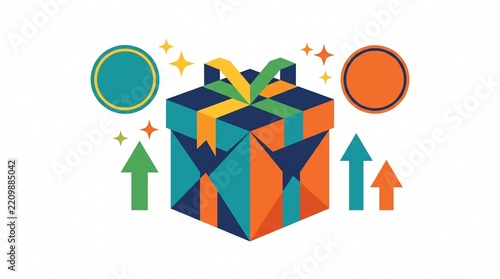 Colorful gift box with upward arrows and circles