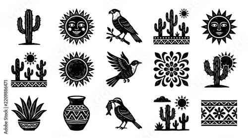 Creative Black and White Desert Themed Icons Set with Cacti Birds Sun Pottery and Floral Patterns