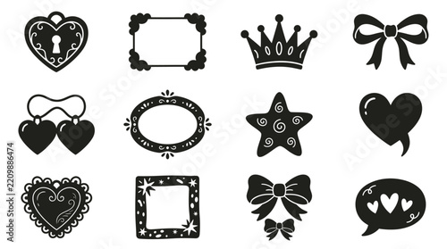 Creative Black and White Icons Set of Romantic Royalty and Gift Themed Symbols for Design Projects