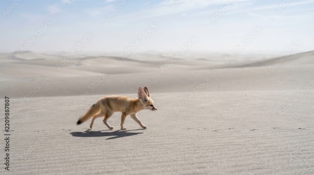 Obraz premium A fennec fox walking across the vast and arid sand dunes of a bright sunlit desert landscape