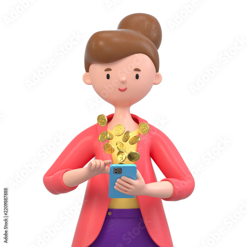 woman in business attire with coins popping from phone