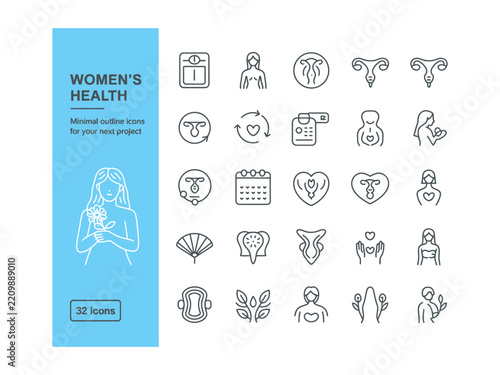 Women's health and gynecology vector line icons set. Period tracking, pregnancy, reproductive system, hormonal balance and wellness outline symbols. Minimalist web design elements.
