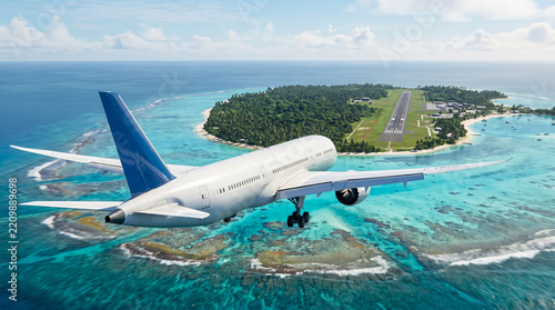 Commercial Airplane Flying Over Tropical Ocean Toward Island