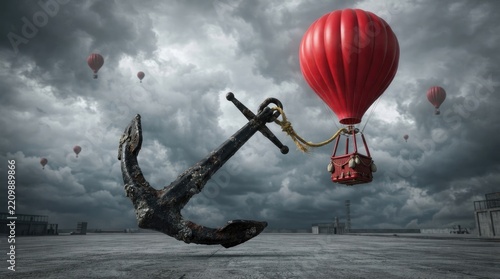 A weathered, dark anchor floats dramatically against a stormy sky filled with red hot air balloons. Several balloons drift upwards, tethered by ropes.