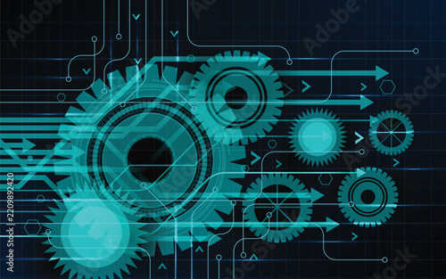 Abstract futuristic gear wheel on circuit board, high computer business technology concept, digital speed technology Dark blue color background