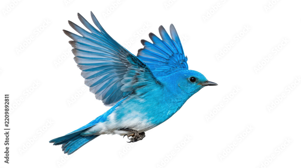 Obraz premium Single Mountain Bluebird in flight with vivid blue plumage, wings extended, streamlined body, and sharply detailed feathers, graceful North American songbird portrait. Photorealistic studio