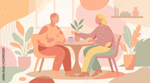 Abstract illustration of two figures sitting together at a small table having a conversation in a cozy room surrounded by potted plants