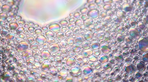 Macro closeup of soapy bubbles reflecting rainbow iridescent light