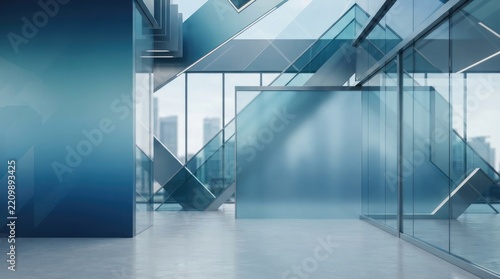 A modern, expansive office space features a striking glass facade with geometric, angular shapes.