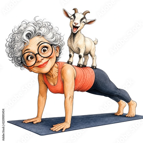 Yoga Grandma In Plank Pose With Laughing Goat On Back