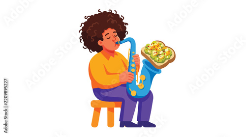 Illustrated Person Playing Saxophone While Eating Sandwich Vector Character