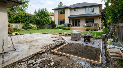 Backyard patio construction with wooden forms gravel and paving stones on transparent background