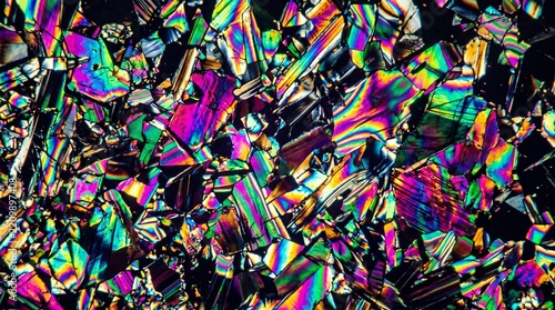 Vibrant polarized light microscopic view of colorful crystal structures showing abstract geometric patterns