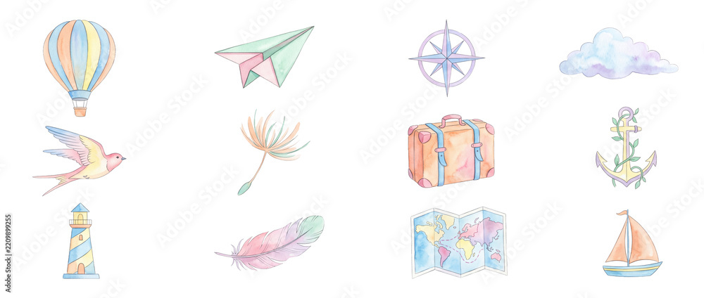 Obraz premium Watercolor travel clipart set icons featuring hot air balloon, paper airplane, compass, world map, sailboat, lighthouse, suitcase, feather, anchor and swallow for adventure design.