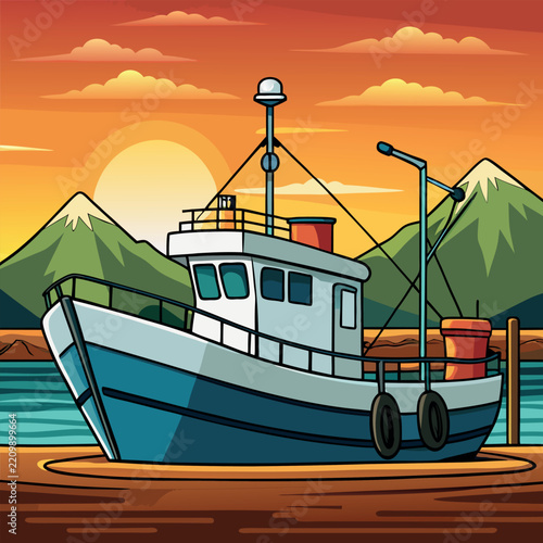 Sport fishing vessel docked at sunset with calm water