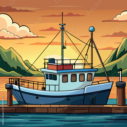 Sport fishing vessel docked at sunset with calm water