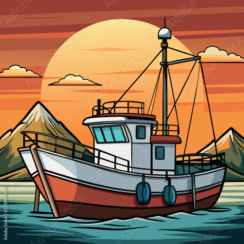 Sport fishing vessel docked at sunset with calm water