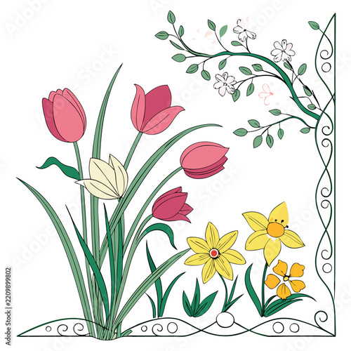 Spring flowers and borders isolated on white background