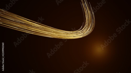 Abstract glowing gold light trails forming a curved fiber optic stream with glowing particles on dark background
