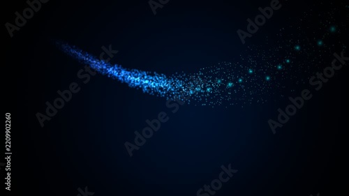 Glowing blue particle stream flowing in a graceful curved wave across a dark background with sparkling lights