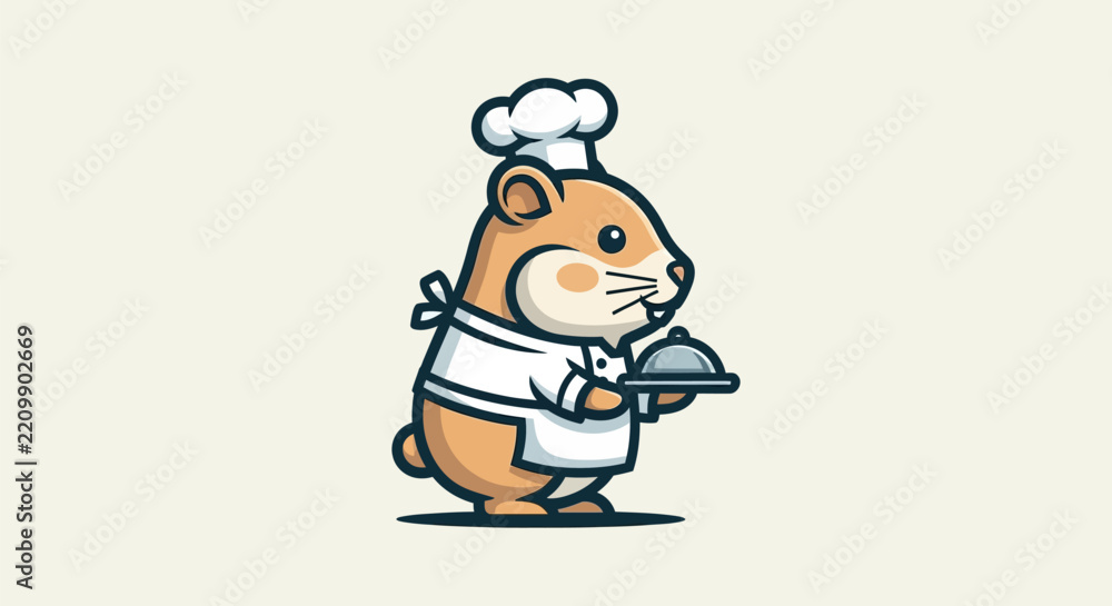 Obraz premium Cute Hamster Chef Mascot Holding a Silver Food Serving Platter Wearing a Traditional Kitchen Apron and Hat Character Illustration