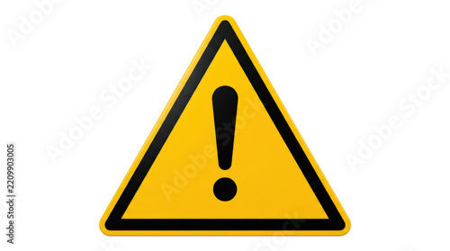Yellow triangular warning sign with bold black border and centered exclamation mark, clean high-visibility caution symbol with durable smooth surface; photorealistic product-style rendering, front