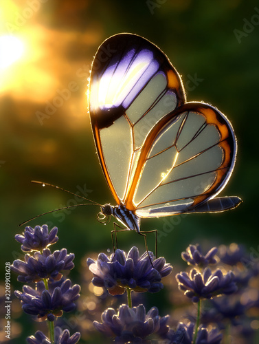 Transparent Butterfly Resting on Purple Lavender Flowers in Golden Sunlight