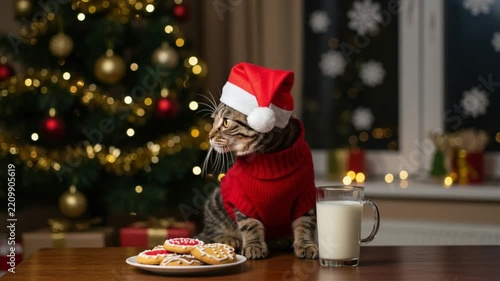 A tabby cat wearing a Santa hat and red sweater, sitting by Christmas decorations, cookies, and a glass of milk