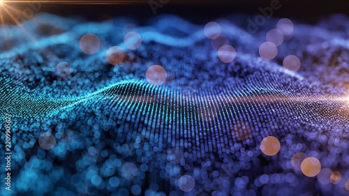 Abstract glowing digital waveform with particles and light flares