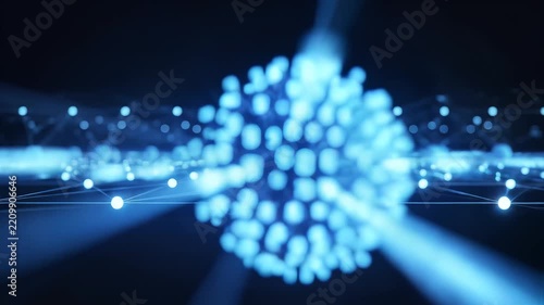 Abstract digital network structure glowing blue spheres connected lines data flow