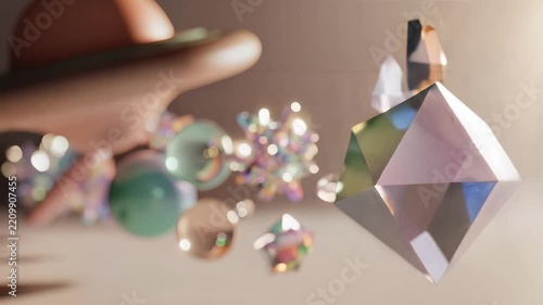 Abstract geometric shapes and spheres floating in soft light