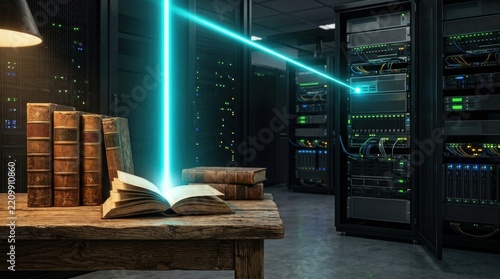 Innovative cloud storage architecture with Books releasing cyan light illuminating modern enterprise data center