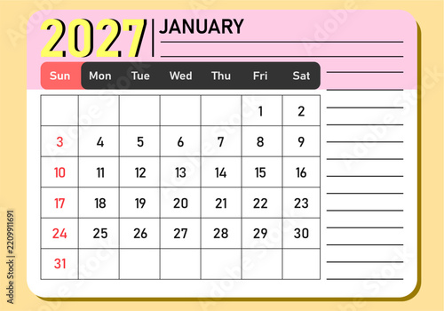 January 2027 calendar template vector design. Monthly planner card with side notes panel, pink header, yellow 2027 typography, full grid layout, and red Sunday pill header for office.