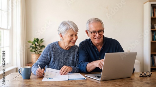 Senior Couple Using Laptop at Home: A smiling senior couple sits at a wooden table, engrossed in a laptop, with documents and a coffee mug nearby.