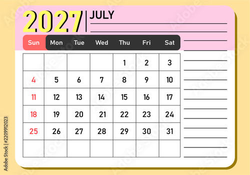 July 2027 calendar template vector design. Monthly planner card with side notes panel, pink header, yellow 2027 typography, full grid layout, and red Sunday pill header for office.