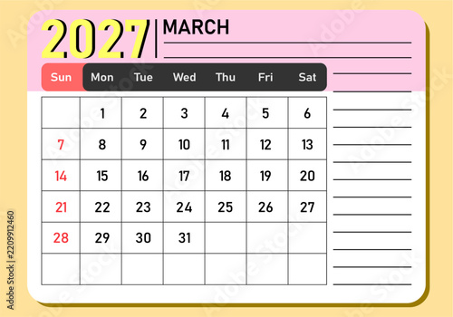 March 2027 calendar template vector design. Monthly planner card with side notes panel, pink header, yellow 2027 typography, full grid layout, and red Sunday pill header for office.
